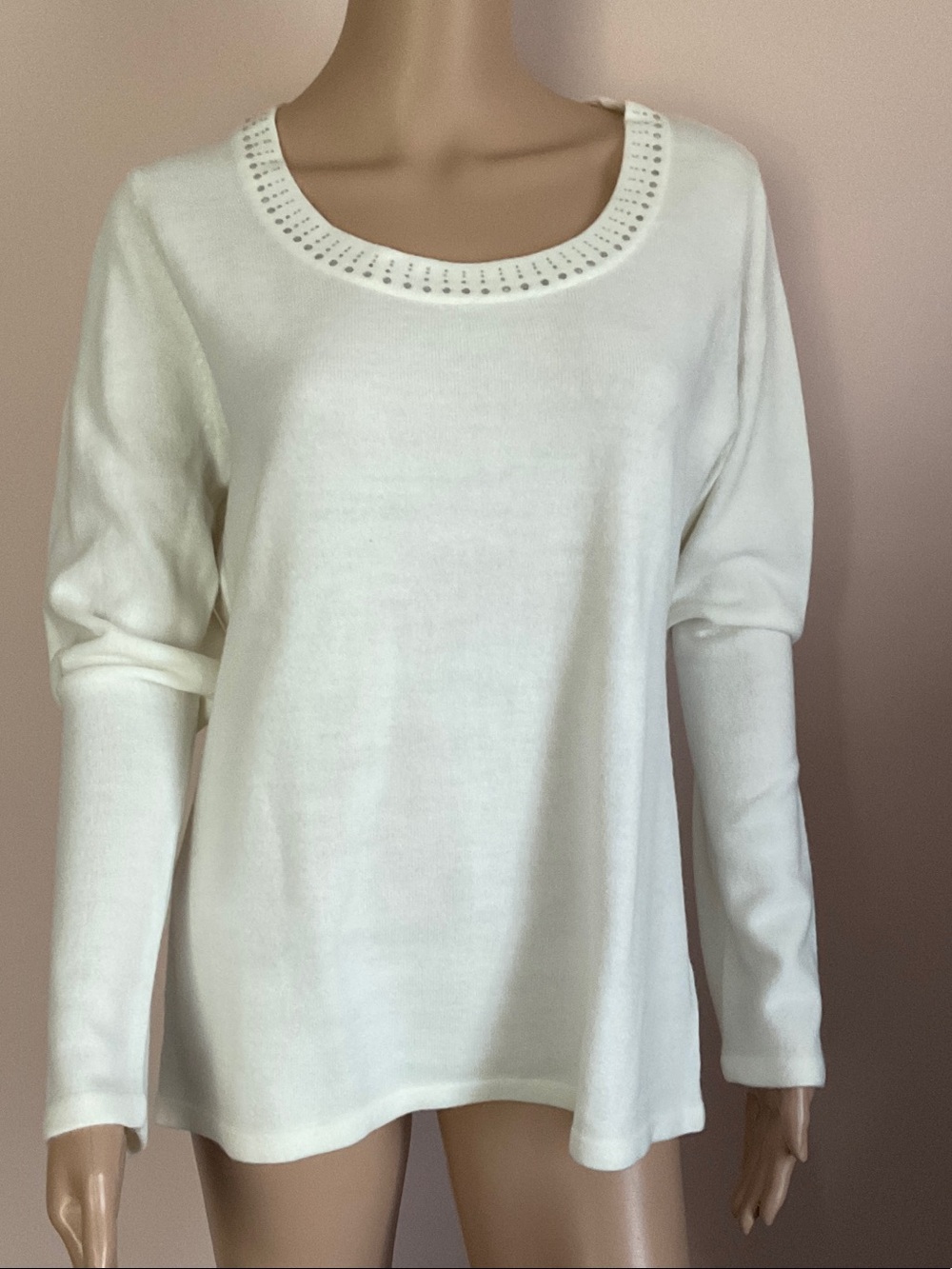 Long Sleeve Lightweight Sweater with Embellished Scoop Neck Winter White